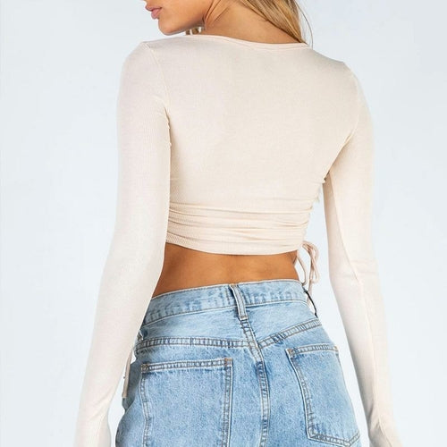 Elegant Deep V-neck Ribbed Long Sleeve T-shirt