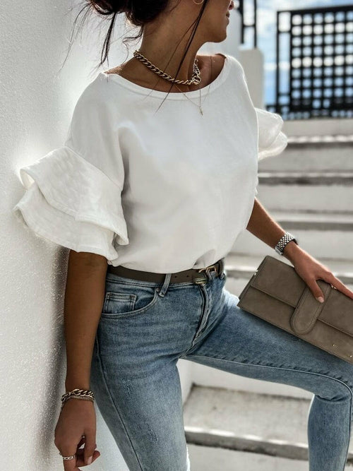 Women Solid Tops Shirt Elegant Short Sleeve Summer Ruffle Blouse