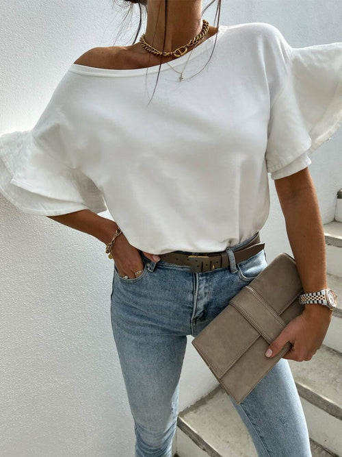 Women Solid Tops Shirt Elegant Short Sleeve Summer Ruffle Blouse