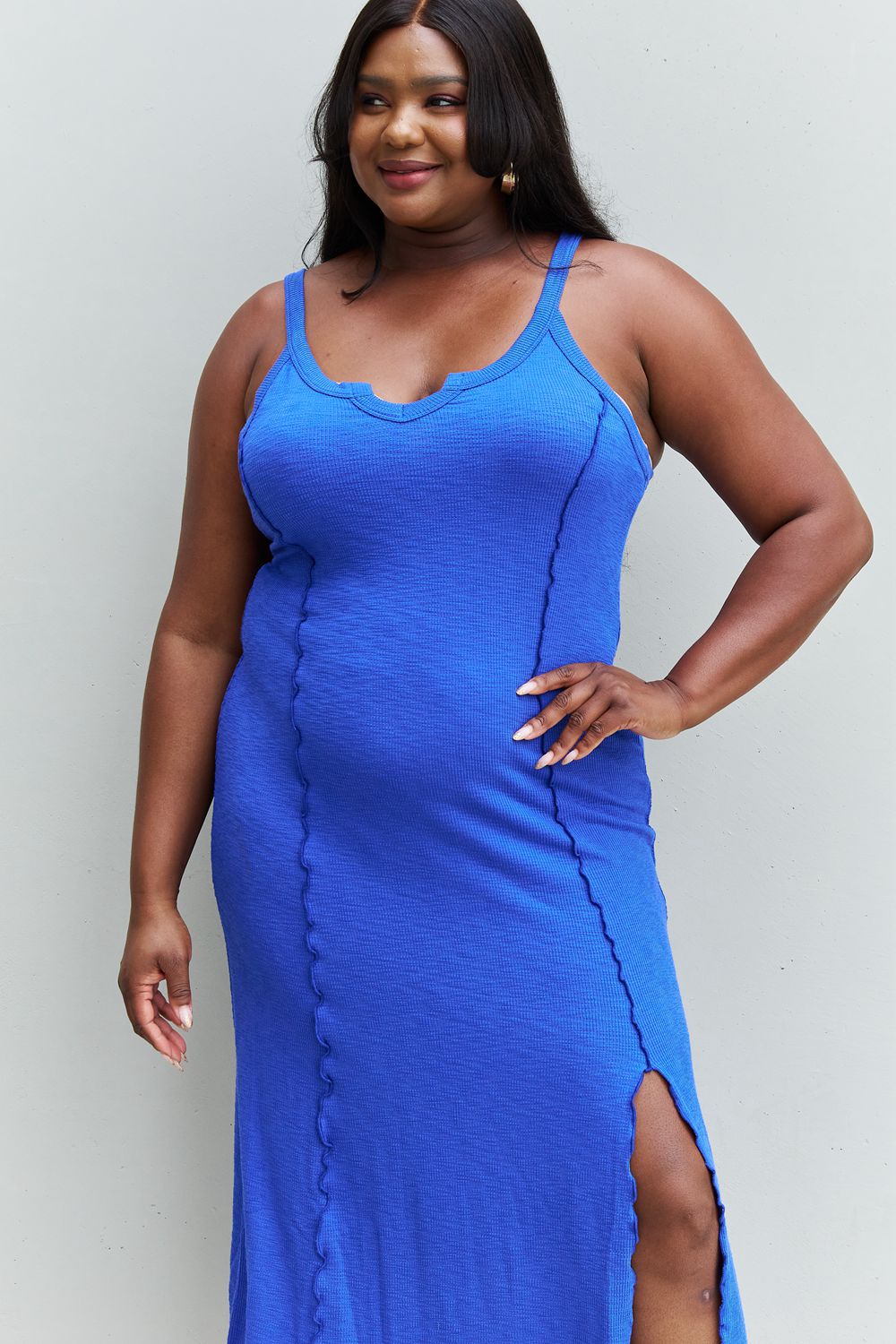 Culture Code Look At Me Full Size Notch Neck Maxi Dress with Slit in Cobalt Blue