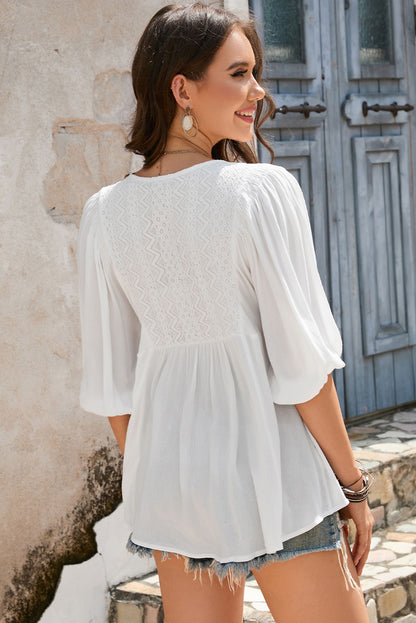 Double Take V-Neck Half Sleeve Blouse with Pockets