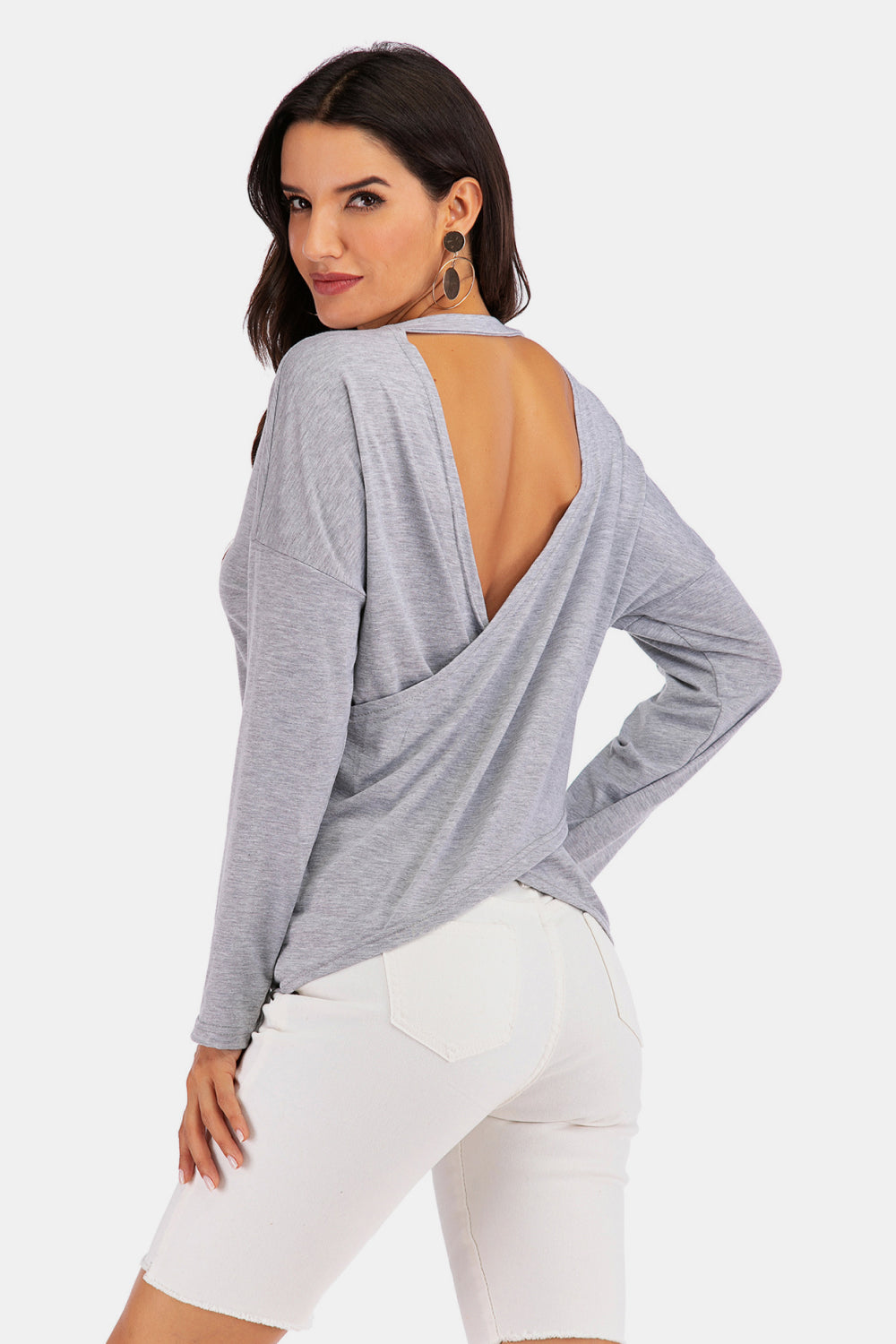 V-Neck Drop Shoulder Open Back Sweatshirt