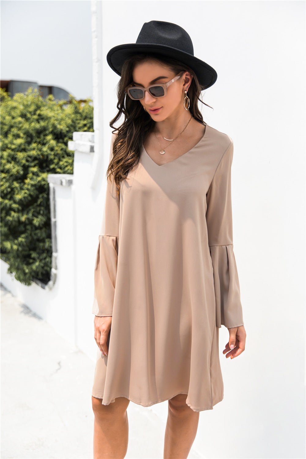 Trumpet Sleeve V Neck Dress