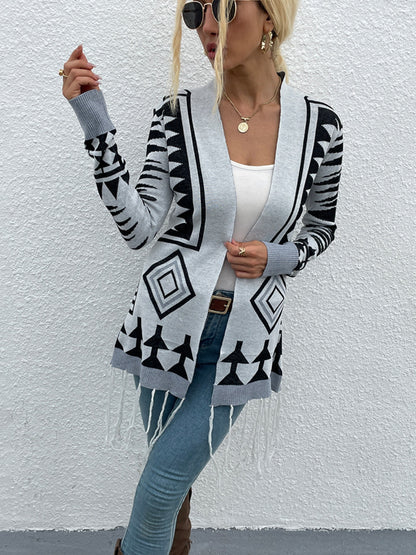 Geometric Fringe Hem Open Front Cardigan