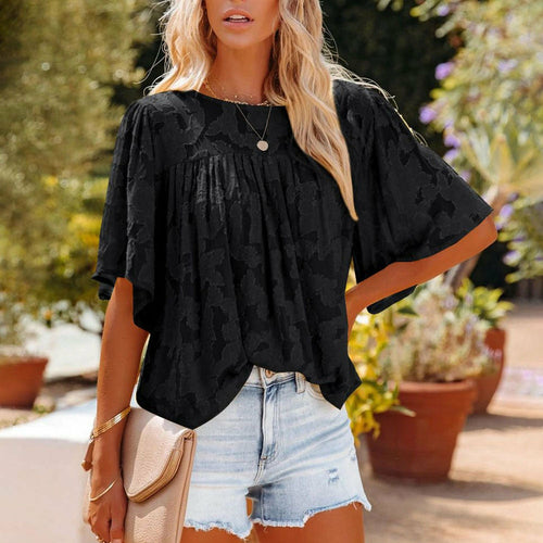 Loose Lace Half Sleeve O-neck Shirts Top