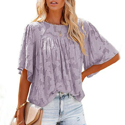 Loose Lace Half Sleeve O-neck Shirts Top