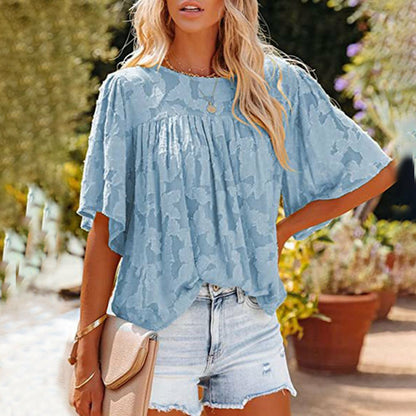 Loose Lace Half Sleeve O-neck Shirts Top