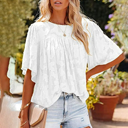 Loose Lace Half Sleeve O-neck Shirts Top