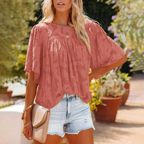 Loose Lace Half Sleeve O-neck Shirts Top