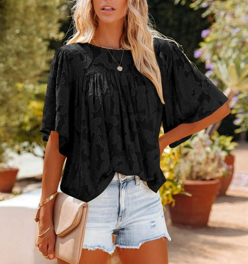 Loose Lace Half Sleeve O-neck Shirts Top