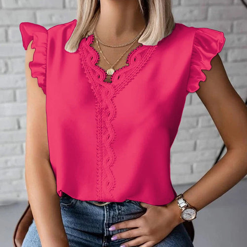 Simple Fashion V Neck Splicing Lace Blouses Women Spring Elegant Solid