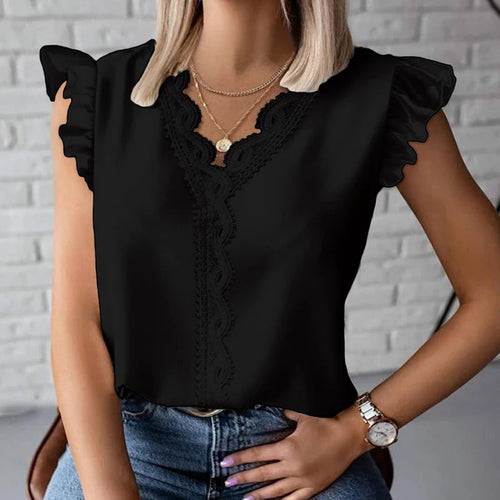 Simple Fashion V Neck Splicing Lace Blouses Women Spring Elegant Solid