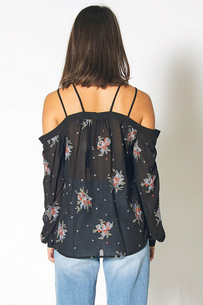 Off Shoulder Embroidery Print Blouse in Black