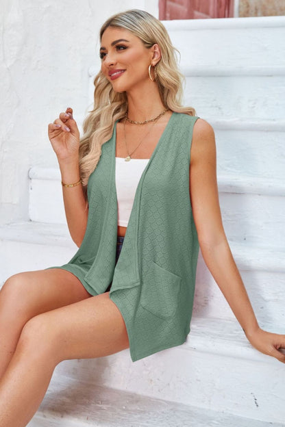 Eyelet Open Front Sleeveless Cardigan