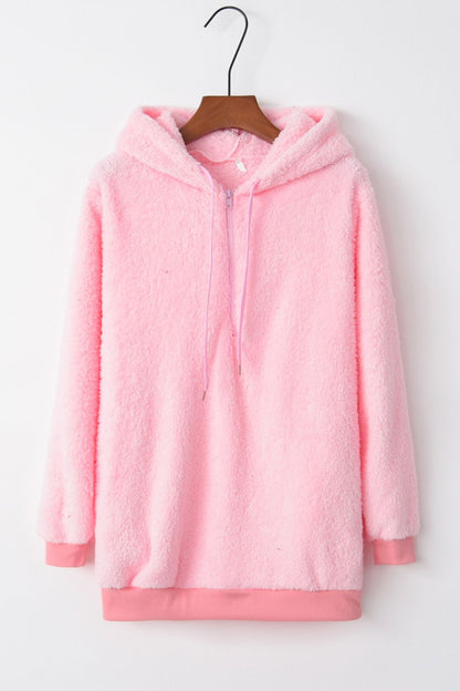 Full Size Quarter-Zip Drawstring Teddy Hoodie