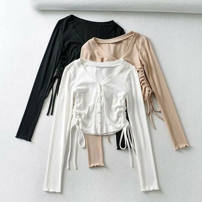 Elegant Deep V-neck Ribbed Long Sleeve T-shirt